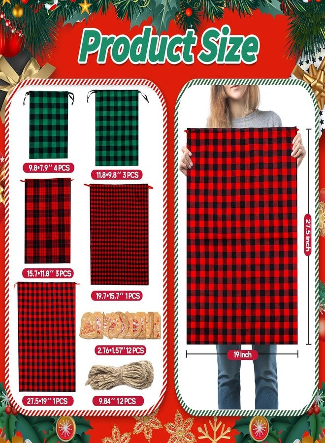 EggSun 12Pcs Christmas Drawstring Bags, Cotton Xmas Buffalo Plaid Sacks with 5Sizes, Red Green Wrapping Storage Bags with Kraft Tags for Christmas Reusable Gift Holiday Party Favors - Image 3